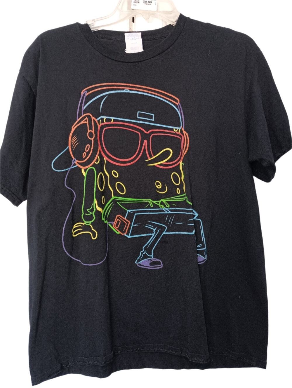 SpongeBob SquarePants T Shirt Men Large L Black Neon Glow Headphones DJ Retro
